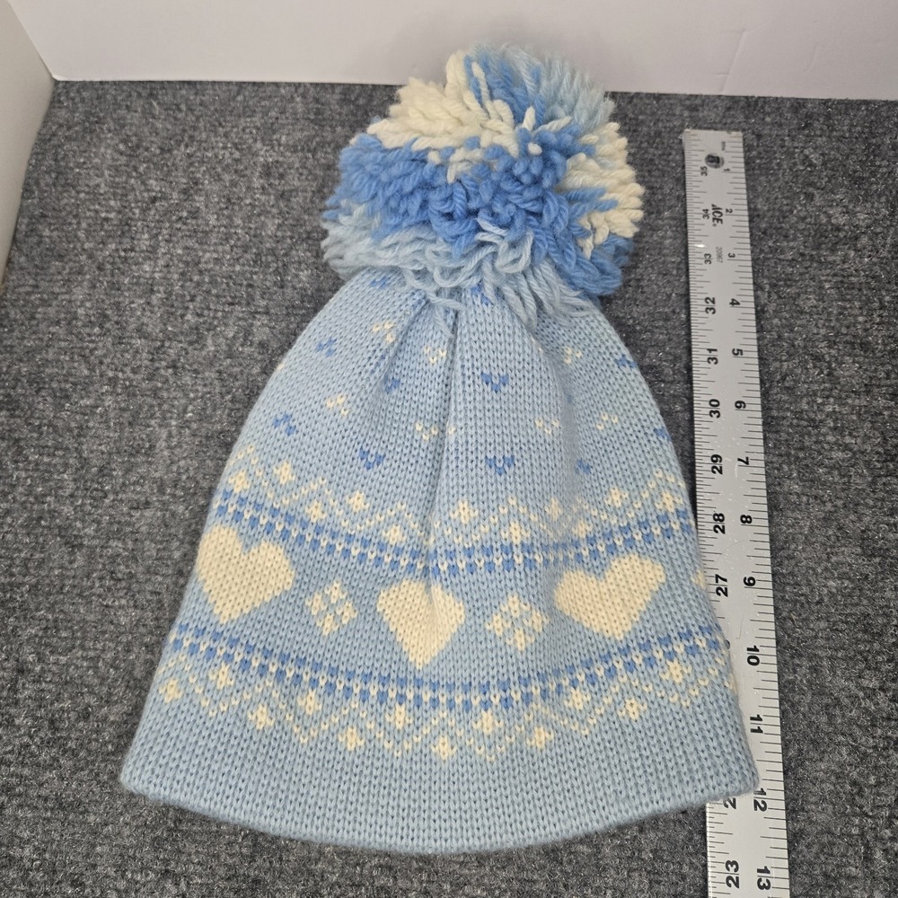 Smiley‎ Woman's 100% Wool Winter Snow Hat Blue White Pom Detail Beanie